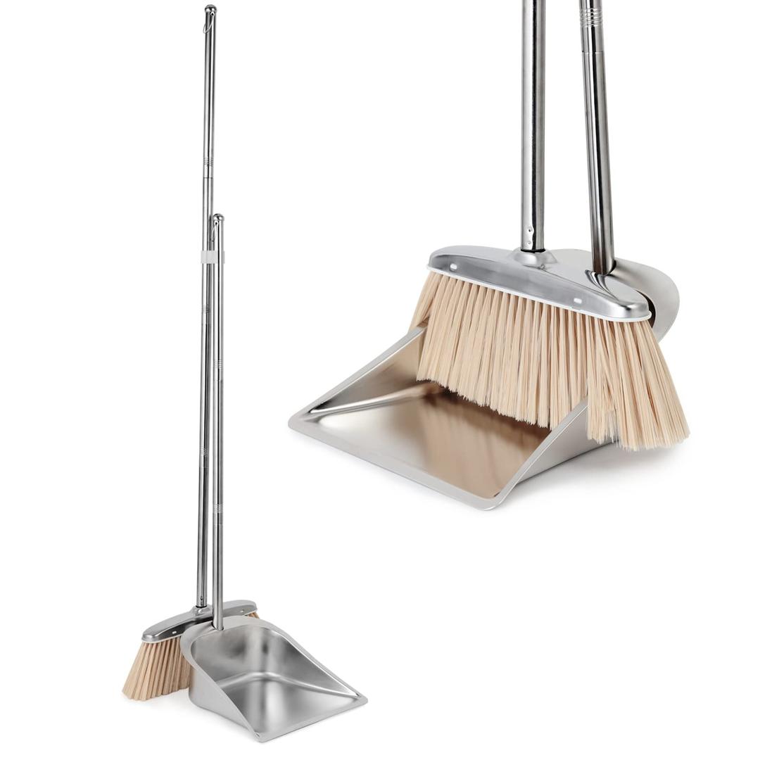 VOOWO Broom and Dustpan Set for Home, Stainless Steel Broom and Dustpan Set with Long Handle, Heavy Duty Dustpan Broom Set Standing Dust Pan Kitchen and Home Indoor Outdoor Broom