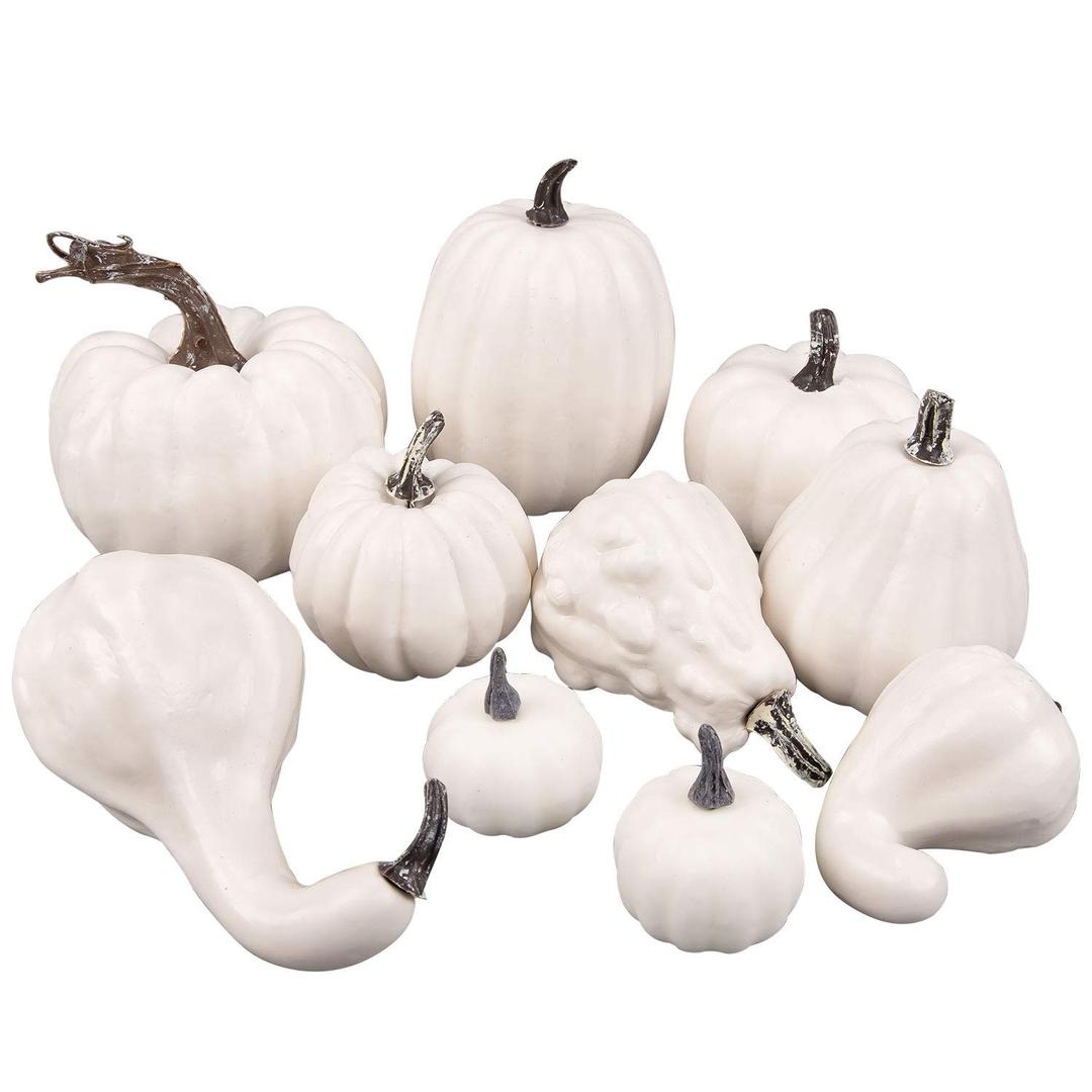 Whaline 10Pcs White Artificial Pumpkins Assorted Fake Foam Pumpkins Fall Harvest Mini Pumpkins for Autumn Thanksgiving Halloween Christmas Home Garden Table Fireplace Decoration DIY Craft