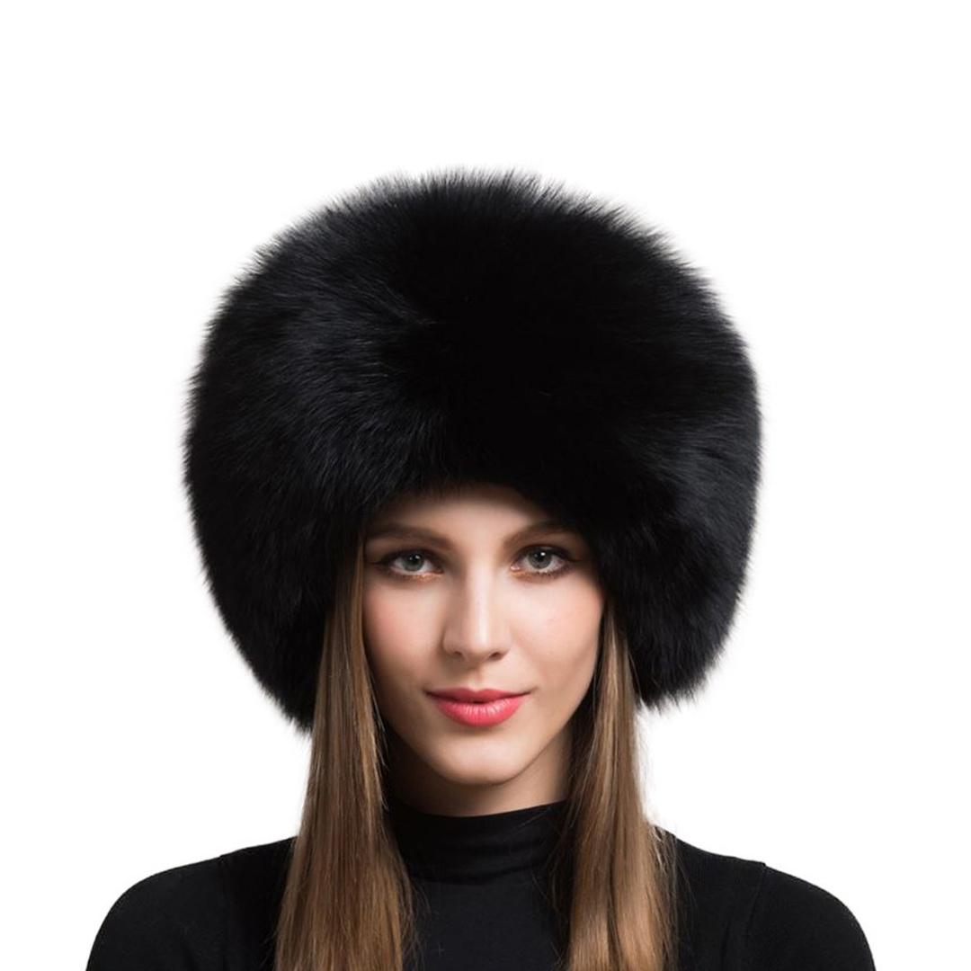 Women's Real Fox Fur hat Winter Thick Fur hat Natural Fur and Sheepskin Warm hat (55-60cm, Black)