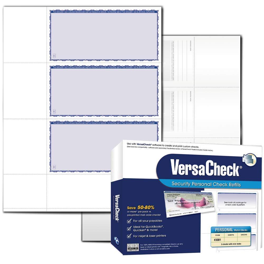 VersaCheck Secure Checks - 750 Blank Business or Personal Wallet Checks - Blue Premium - 250 Sheets Form #3001 - 3 Per Sheet