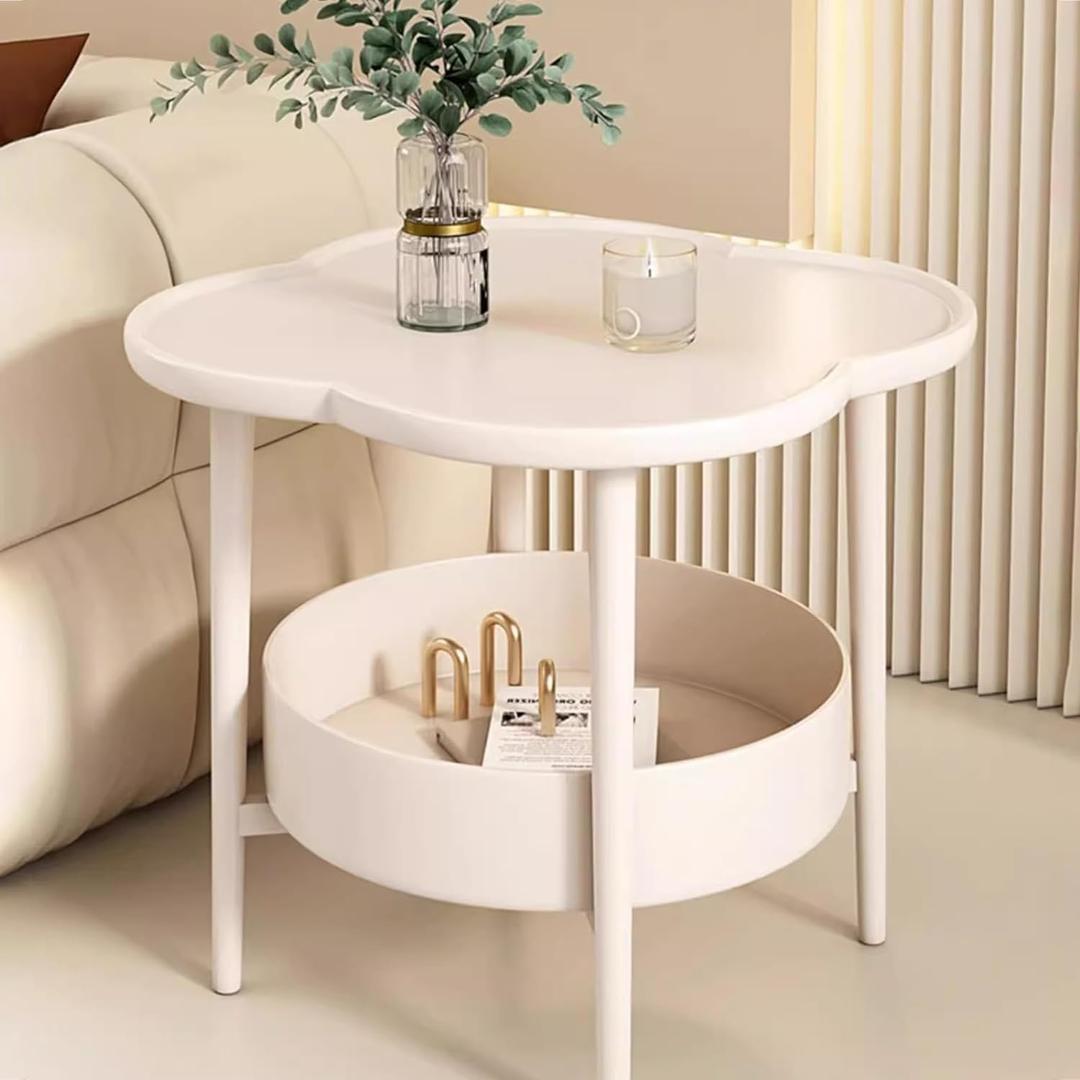 End Tables 4-Leaf Clover Shape Side Table Modern Small Coffee Table Corner Table Living Room Table Bedside Table Sofa Side Table Snack Laptop Table with Round Tray (White)