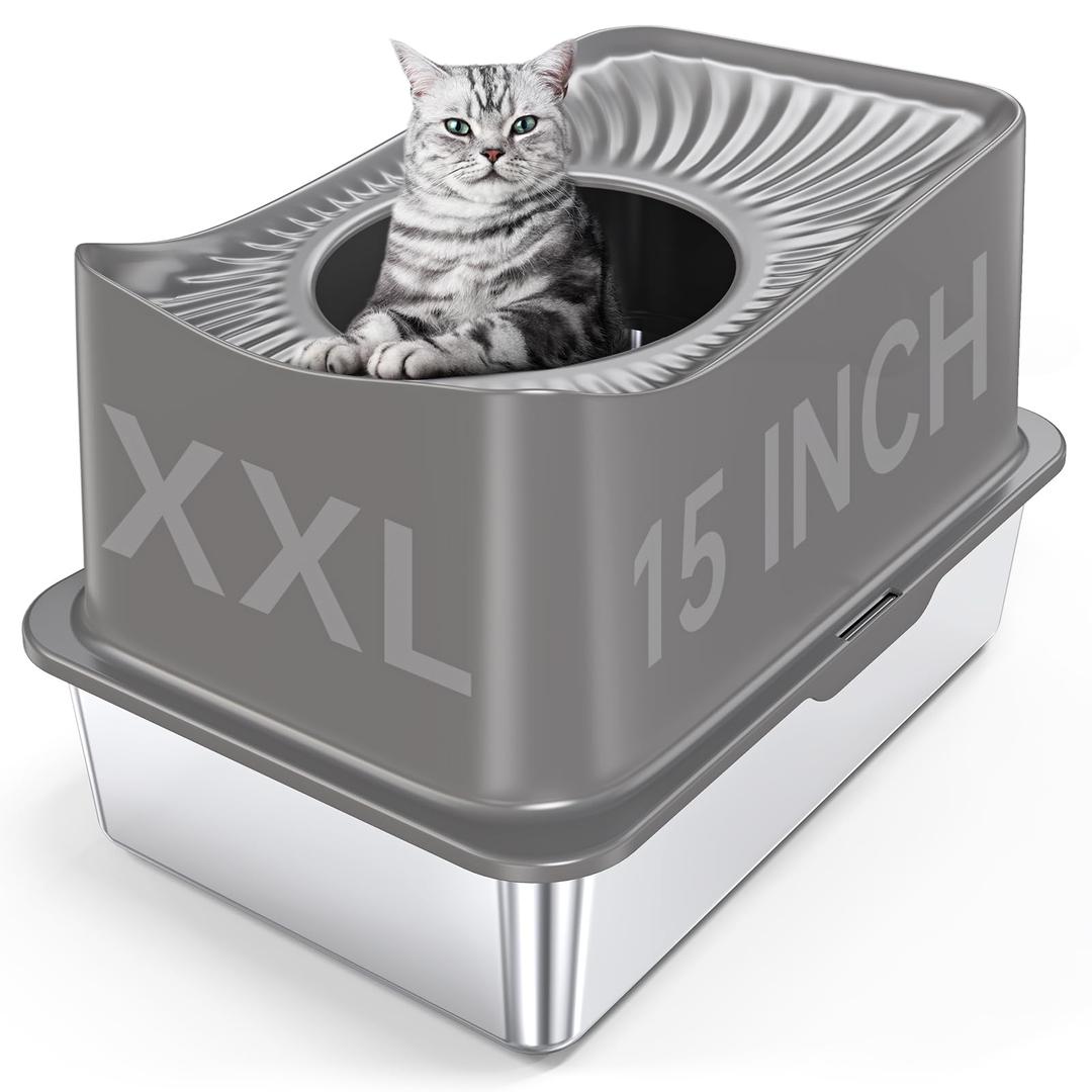 Top Entry Stainless Steel Litter Box,XL Extra Enclosed Cat Litter Box for Big,Multi-Cats and Kittens,Anti-Urine Leakage Metal Cat Litter Box with Lid and Scoop,Easy to Clean(Gray)