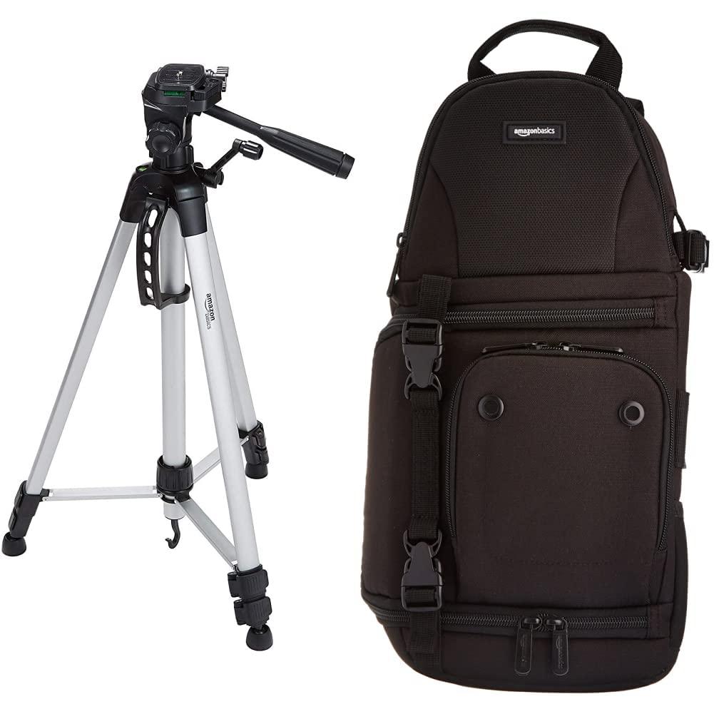 Amazon Basics Camera Sling Bag - 8 x 6 x 15 Inches, Black & 60-Inch Lightweight Tripod with Bag