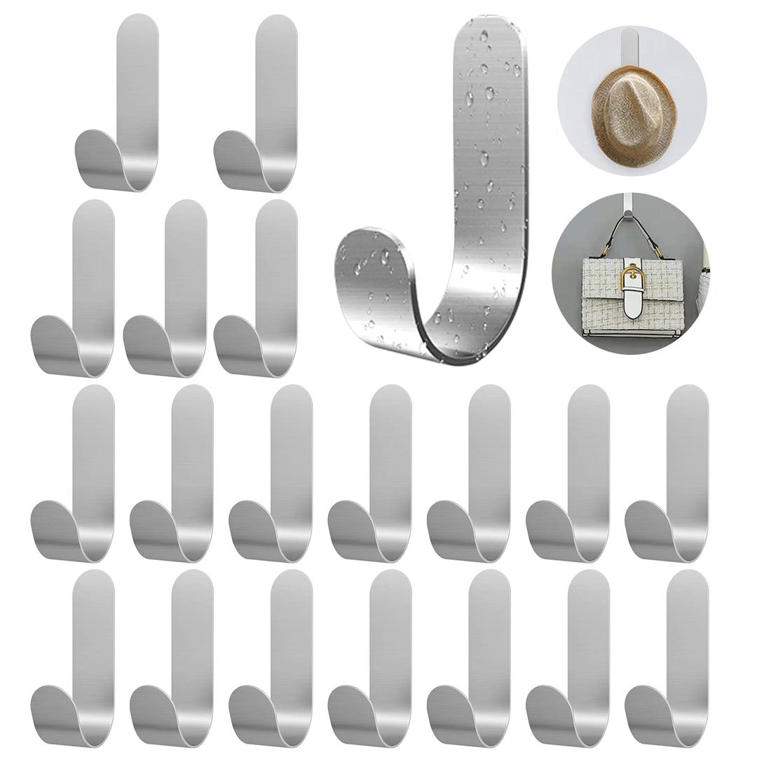 Adhesive Wall Hooks Hat Hooks 20 Pack, Self Adhesive Hooks Heavy Duty Stainless Steel Stick on Hooks Easy to Install, Adhesive Hook for Wall, Hat, Coats, Purses, Bags, Towels, Bathroom