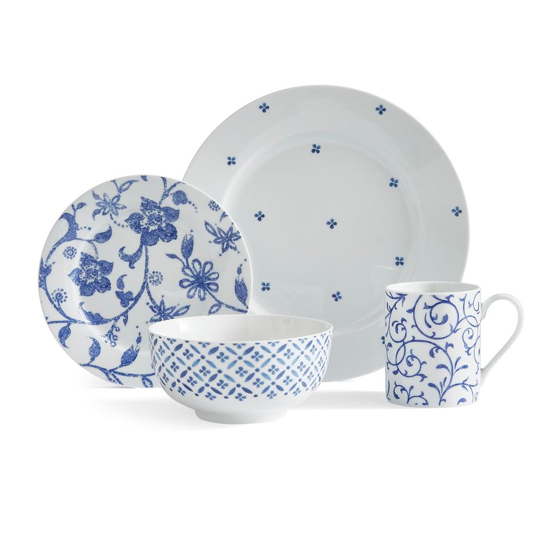 Portmeirion Home Blue Indigo Dinnerware Set | 16 Piece Dish Set with Blue and White Floral Design | Service for 4 | Made from Porcelain | Microwave and Dishwasher Safe