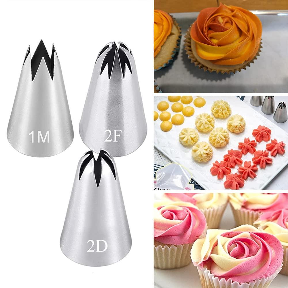 Icing Piping Tip Set,3 Large Decorating Tips Stainless Steel,DIY Cream Rose Flower Piping Tips,Cupcake Pastry Tips for Cake Decorating(1M 2D 2F)