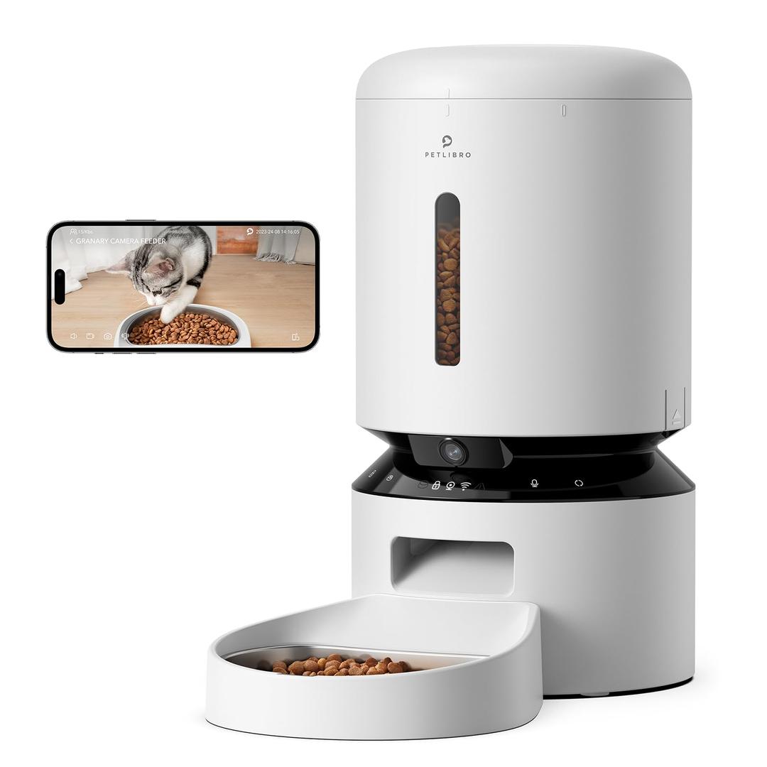 PETLIBROAutomatic Cat Feeder with Camera, 1080P HD Video with Night Vision, 5G WiFi Pet Feeder with 2-Way Audio, Low Food & Blockage Sensor, Motion & Sound Alerts for Cat & Dog Single Tray