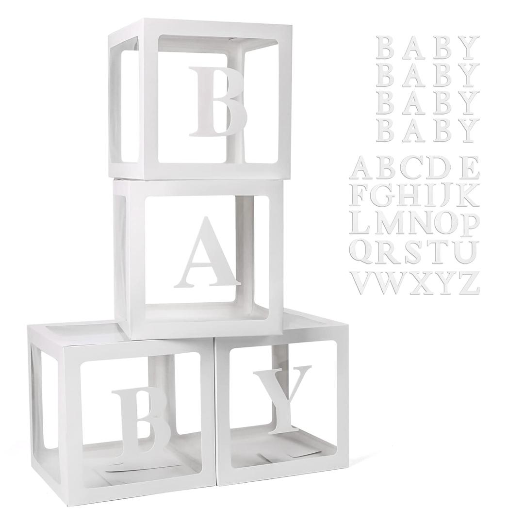 Baby Boxes with 42pcs Letters for Baby Shower Transparent Balloon Boxes Clear Balloon Box Blocks for Boy Girl Gender Reveal Party and Birthday Party (White)