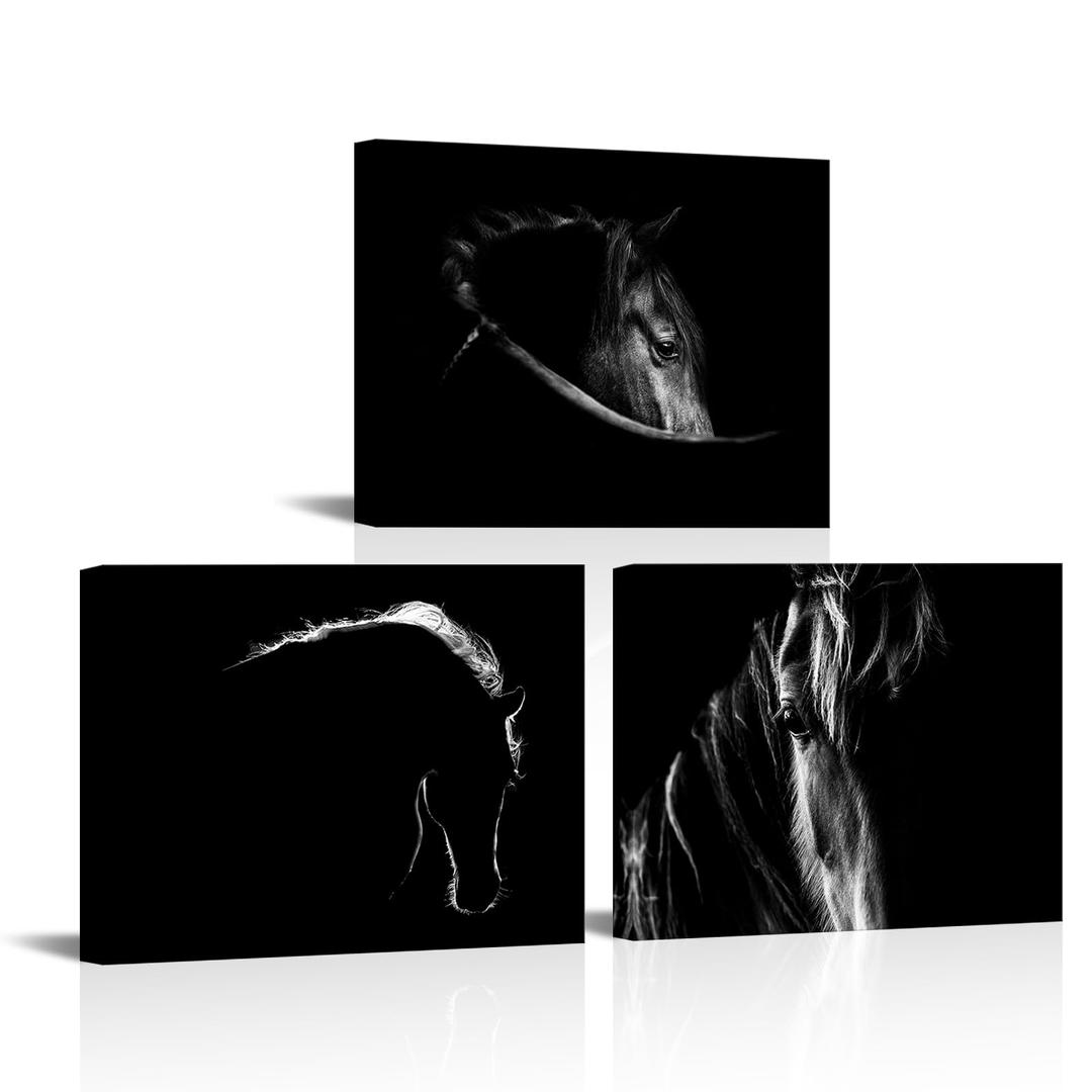 SkenoArt 3 Panels Horse Canvas Wall Art Black and White Wild Animal Picture Painting Farm Horse Portraits Artwork Home Bedroom Office Decor Framed