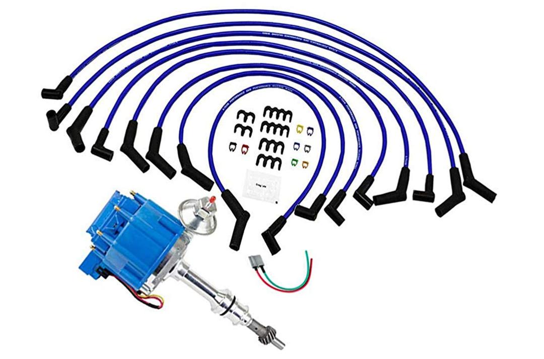 A-Team Performance - 65K Coil Complete HEI Distributor, Spark Plug Wires, and Pigtail Harness 3 in 1 Kit — - Compatible with Ford 351W WINDSOR 7500 RPM 351W — One Wire Installation Blue Cap