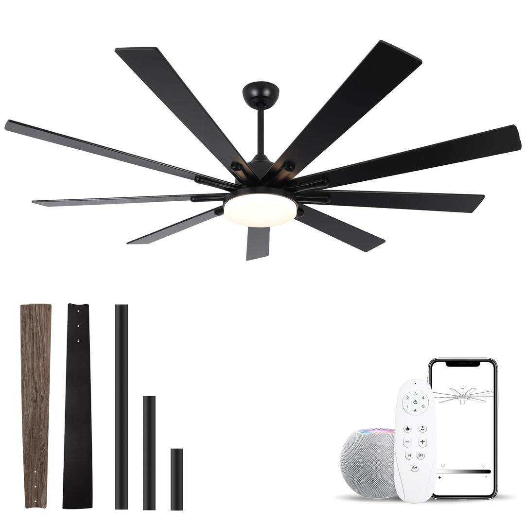 72 Inch Outdoor Ceiling Fan, Black Ceiling Fan with Light, 9 Fan Blades, Dimmable, Reversible, 6-Speeds, 3-Colors Temperature, Ceiling Fan with Remote for Living Room, Bedroom