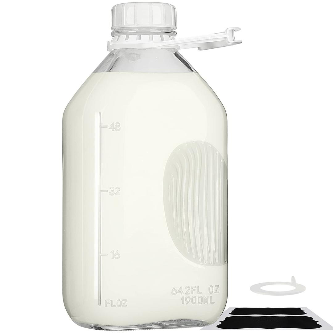 2 Qt Glass Milk Bottle with Reusable Strong Airtight SCREW LID, 64 Oz Glass Juice Bottles for Almond Milk, Oat Milk - 0.5 Gal Glass Water Bottle with 2 Exact Scale Lines, Extra Handle AND Cap！