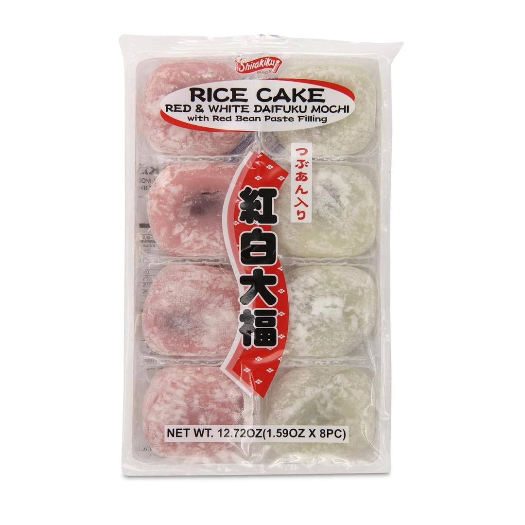 Shirakiku Red and White Daifuku Mochi Rice Cake | Delight with Maltose, Glutinous Rice, Red Bean Filling | Perfect for Asian Snacking and Desserts | 12.72oz, (Pack of 1)