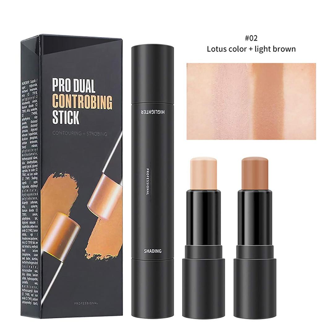 Highlighter Stick, Contouring Stick, Concealer Contour, Double-Head 2 in 1 Make up Concealer Contouring Cream Set, Long Lasting Contour Cosmetics Set (2 colors)（Lotus Color + Light Brown）