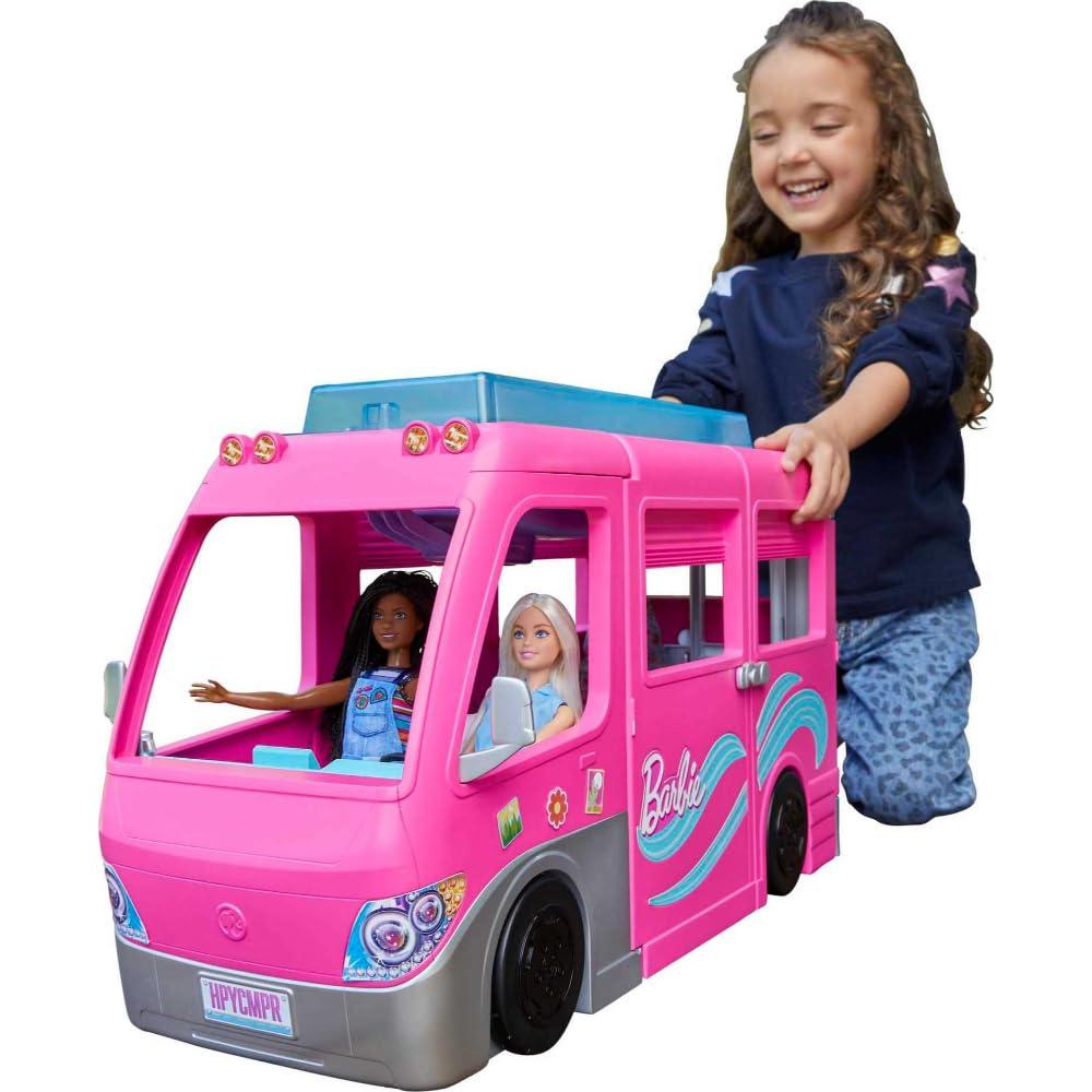 BarbieCamper Playset, DreamCamper Toy Vehicle with 60 Doll-Sized Accessories Including Furniture, Pool & 30-inch Slide