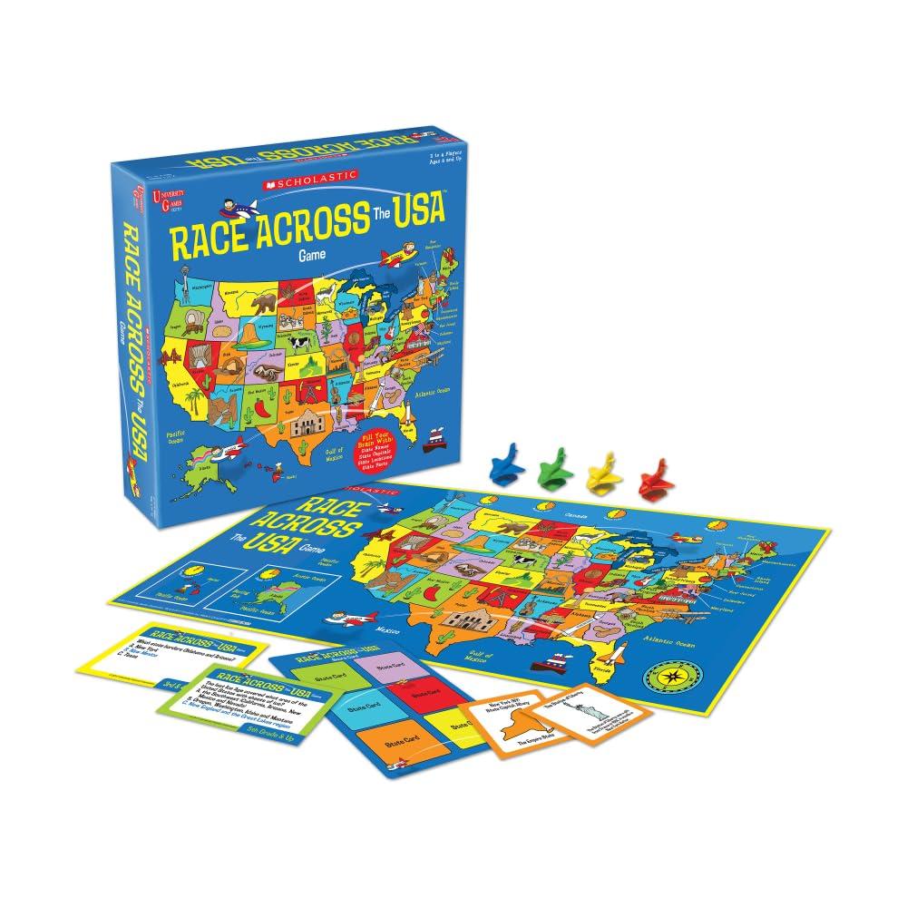 University Games, Scholastic Race Across the USA Board Game , Geography Learning Game for Kids and Families, for 2 to 4 Players Ages 8 and Up