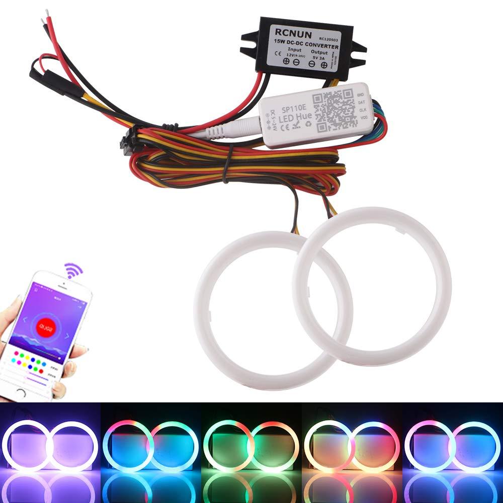 Qasim Angel Eyes Halo Rings Cotton Lights 12V 80MM 3535 30SMD RGB LED Universal for Motorcycle Car Scooter Motorcycle DRL Headlight Phone iOS Android APP Bluetooth Control Multi-Color 2-Pack