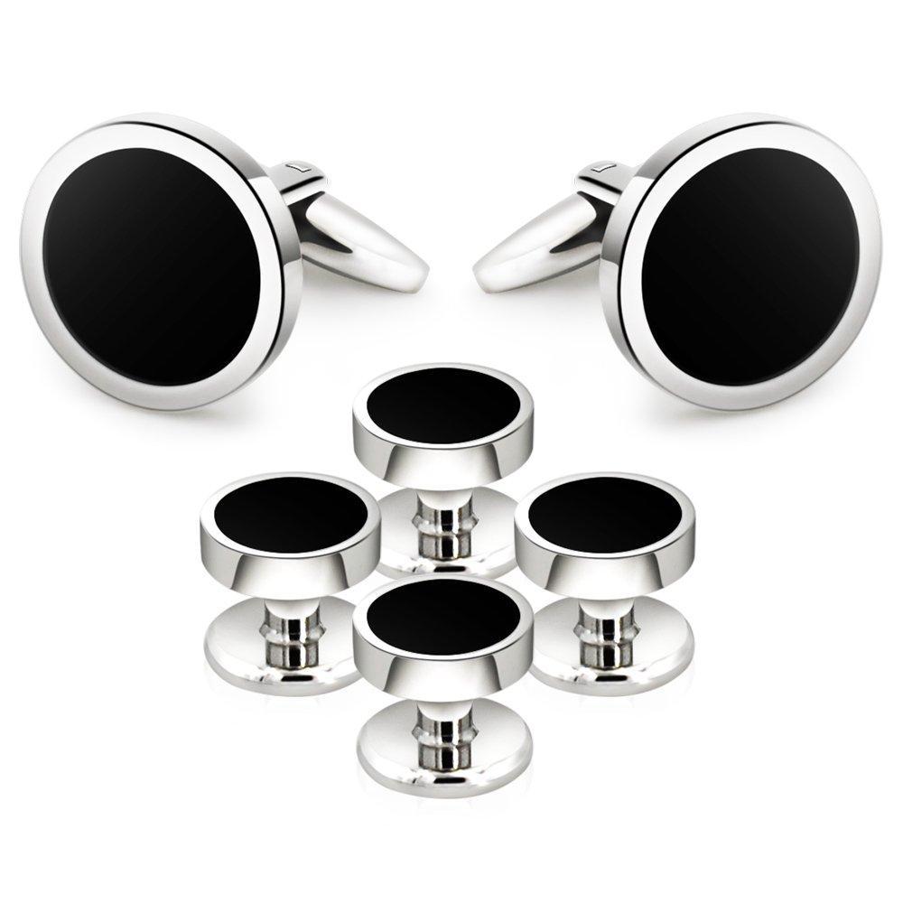 Mr.VanOnyx Cufflinks and Studs Set Formal Black Silver Groomsmen Groom Wedding Gift Cuff Links