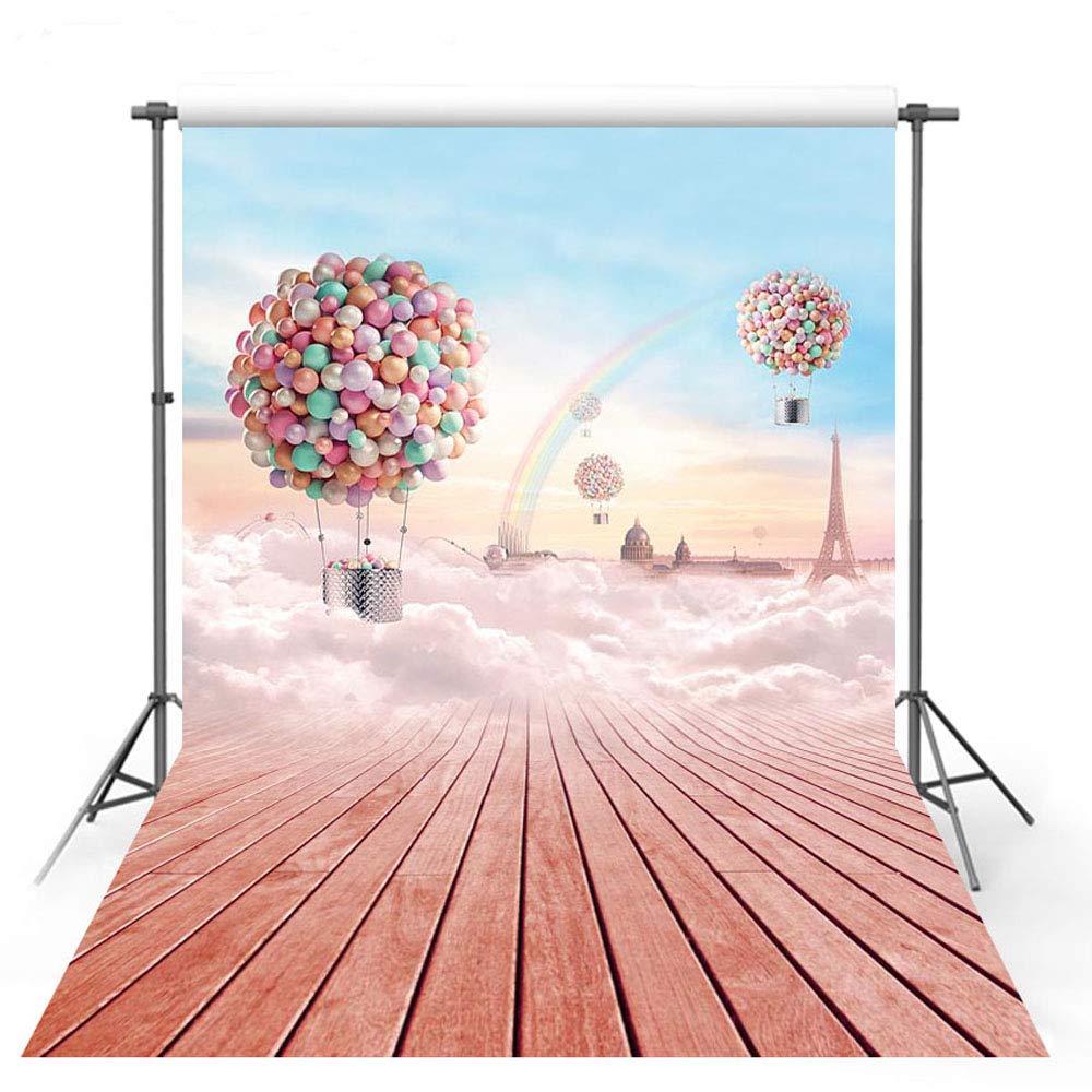 Mehofoto Foldable Silk Photography Background with Rainbow Balloon Pink Wood Floor for Photography Studio Props 5x7ft