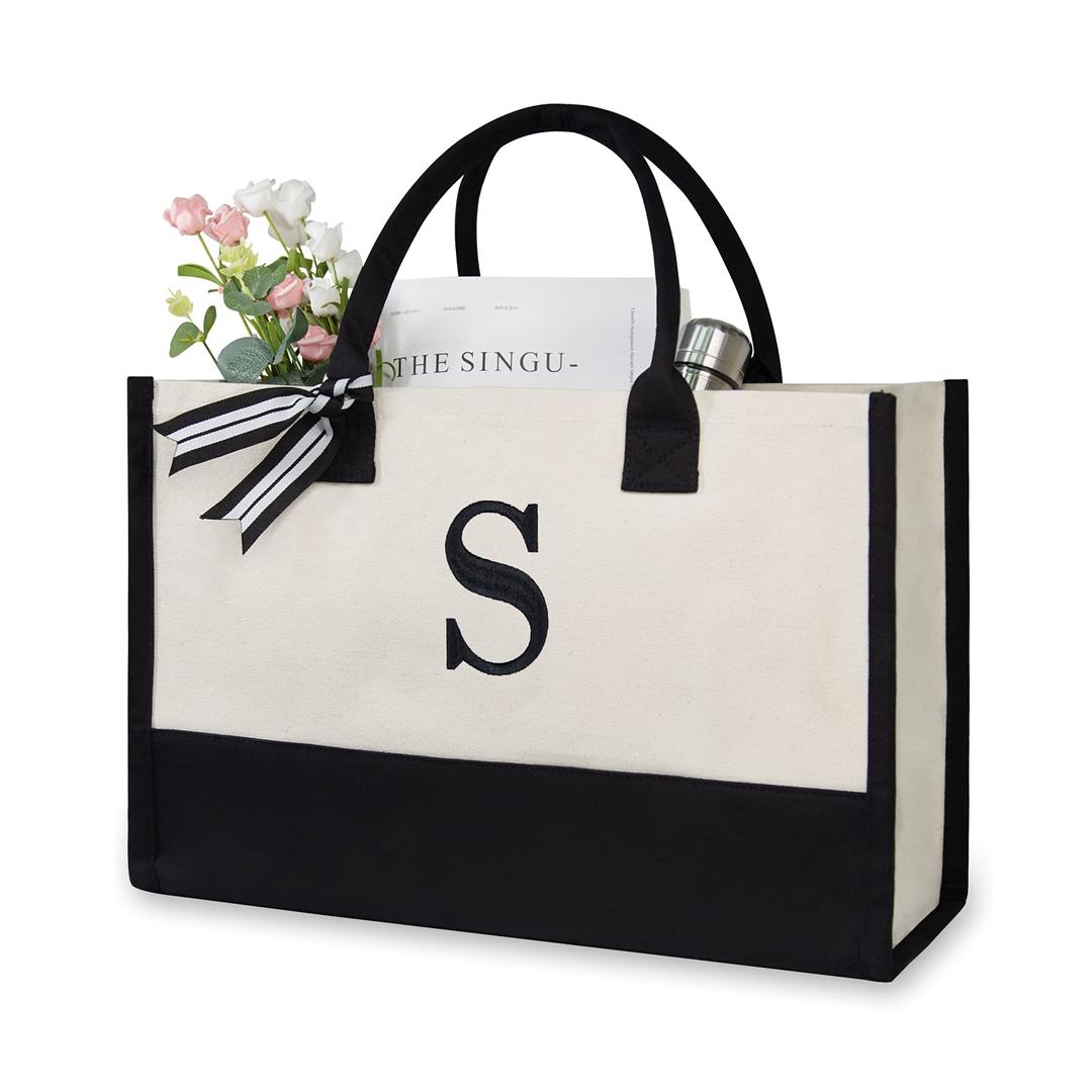 Personalized Initial Canvas Beach Bag, Monogrammed Gift Tote Bag for Women