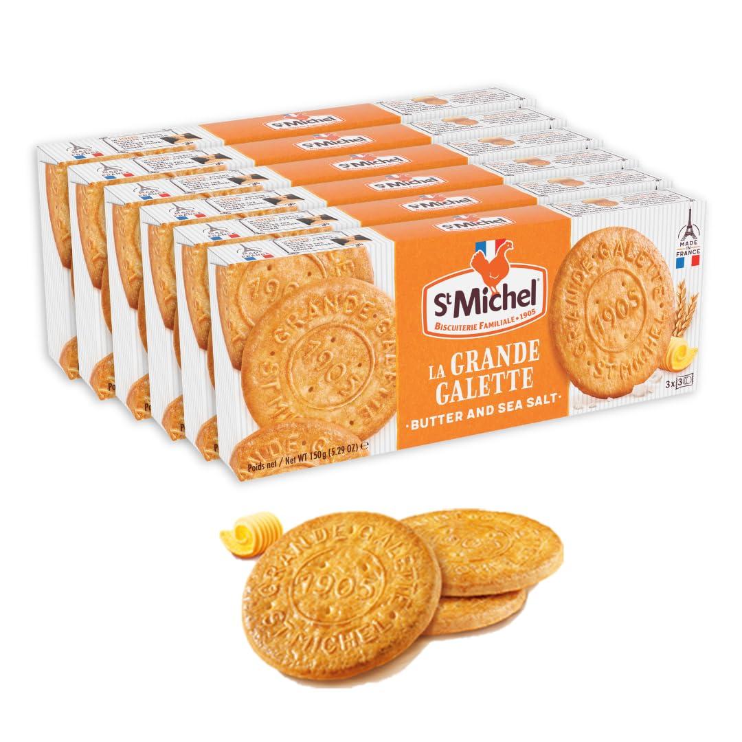 St MichelGrandes Galettes Butter Cookies Biscuits with Sea Salt 5.29oz, Pack of 6, Made in France, Non-GMO Pure Butter Cookies