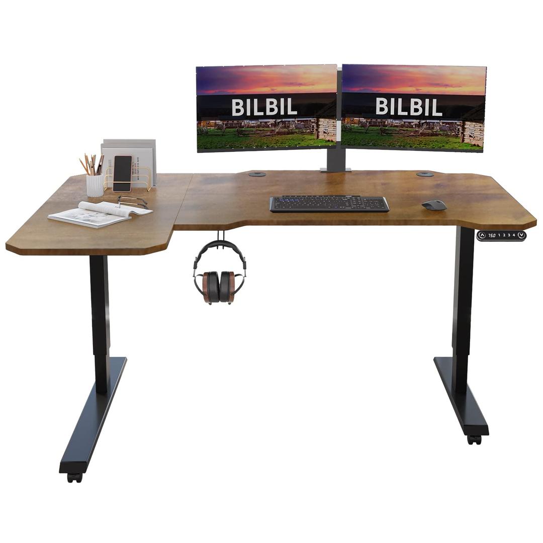 bilbilL-Shaped Electric Height Adjustable Standing Desk 59 Inches, Stand Up Rising Table for Home Office with Splice Board, Black Frame and Rustic Brown Top