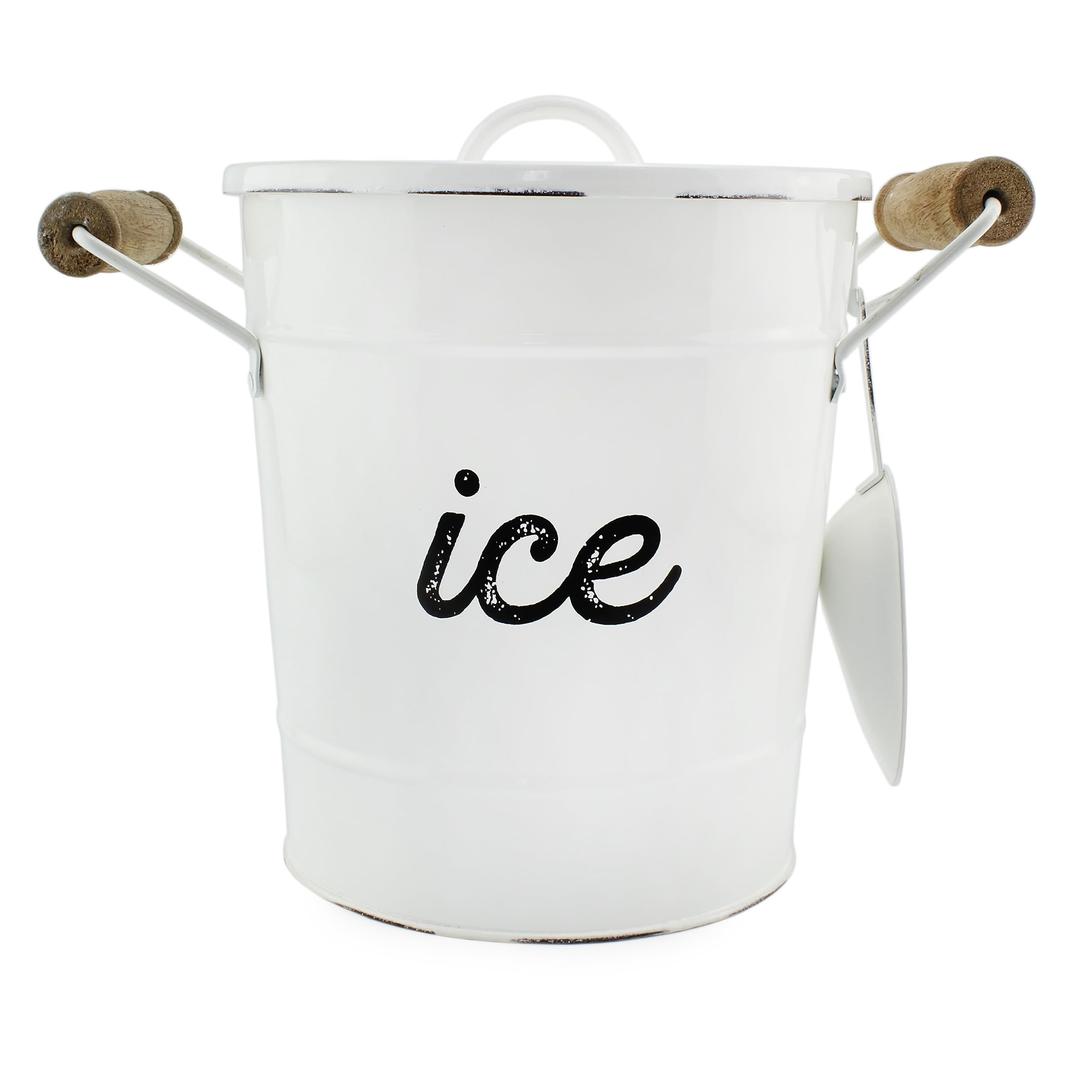 AuldHome Rustic Enamelware Ice Bucket; White Farmhouse Style Insulated Ice Server