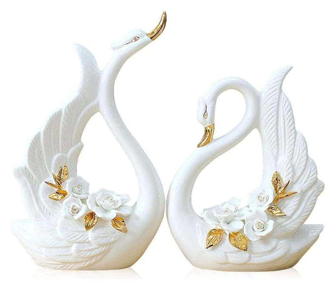 Sculpture Crafts Statues for Decor,Ceramic White Couple Swan Animal Crafted Figurines,Desktop Shelf Crafts Art Décor Statuettes