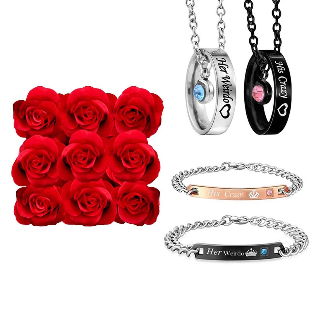 MJartoria Gifts for Her and Him, Preserved 9Pcs Real Rose Gifts Box with Ring Pendent Necklace Braided Couples Bracelets Engraved Her Weirdo His Crazy Romantic Gifts for Birthday Valentine's Day