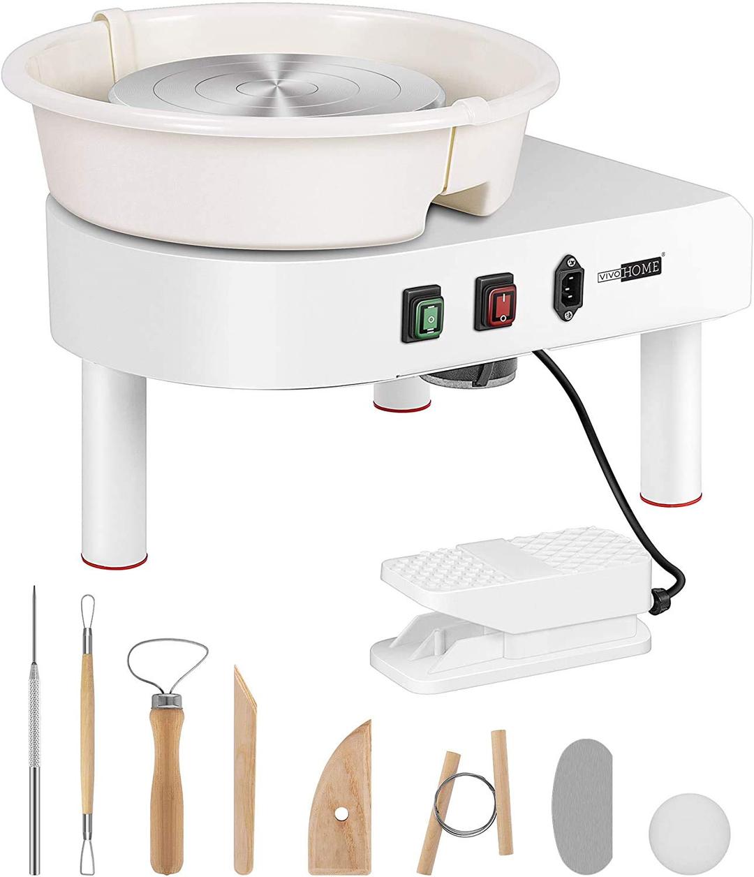 VIVOHOME 25CM Pottery Wheel Forming Machine 350W Electric DIY Clay Tool with Foot Pedal and Detachable Basin for Ceramic Work Art Craft White