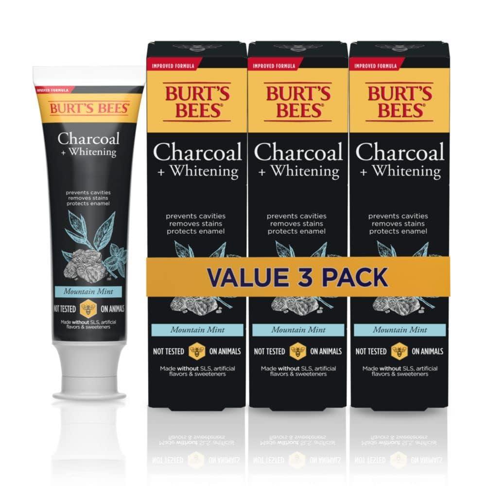 Burt's BeesToothpaste, Natural Flavor, Charcoal with Fluoride Toothpaste, Mountain Mint, 3 x 4.7oz