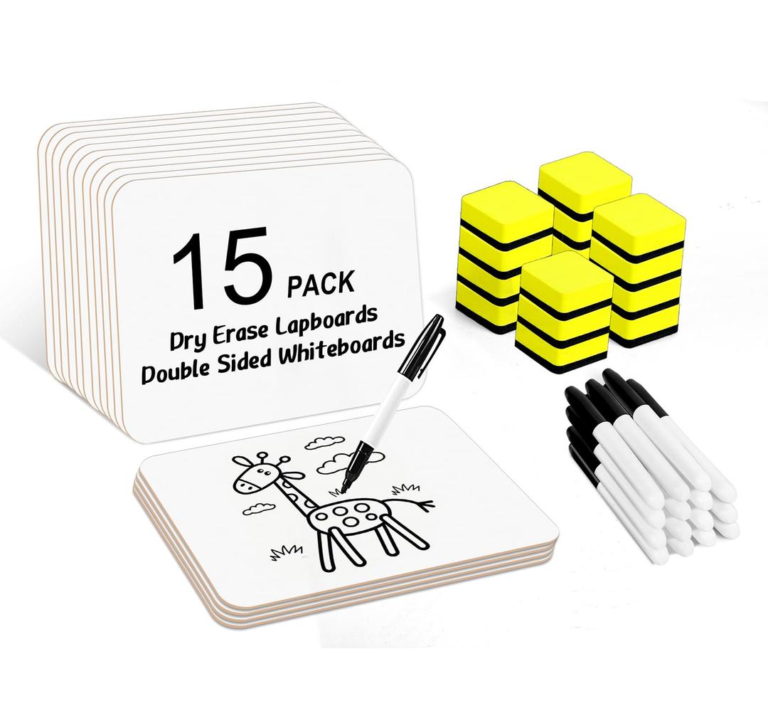 Dry Erase Lapboards, HERKKA 15 Pack Double Sided Dry Erase Lap Boards 9 x 12.5 Inch, 15 Markers, 15 Erasers, Small Dry Erase Boards for Students Classroom Teacher Supplies