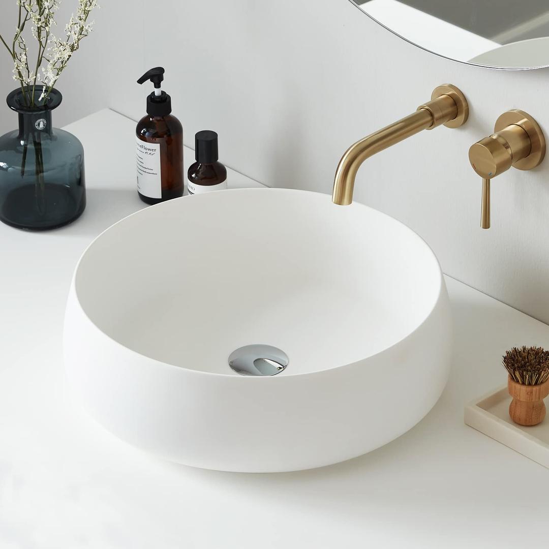 Bathroom Sink Matte White Stone Resin 17.7'' Round Bathroom Vessel Sink, Above Counter Vessel Sink Basin with Pop-up Drain (White)