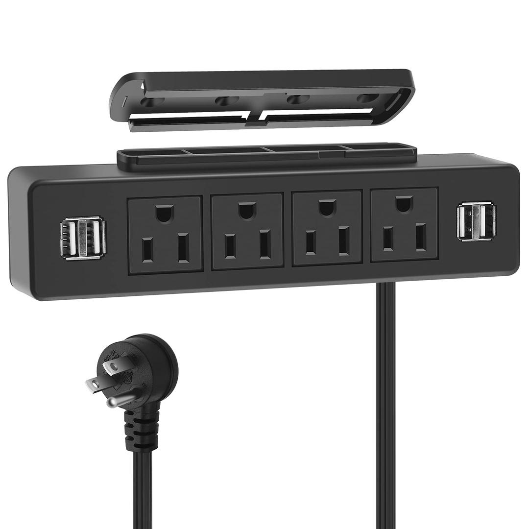 VILONG Under Desk Power Strip, Adhesive Wall Mount Power Strip with USB, Desktop Power Outlets, Removable Mount Multi-Outlets with 4 USB Ports, 4 AC Plugs for Home Office Reading 6.5FT Cord