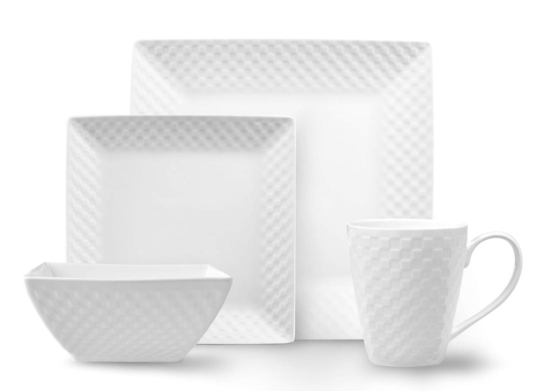 32 Pc. Square Basketweave Porcelain Dishes Set – White Dinner Plates, Bowls, Coffee Cups