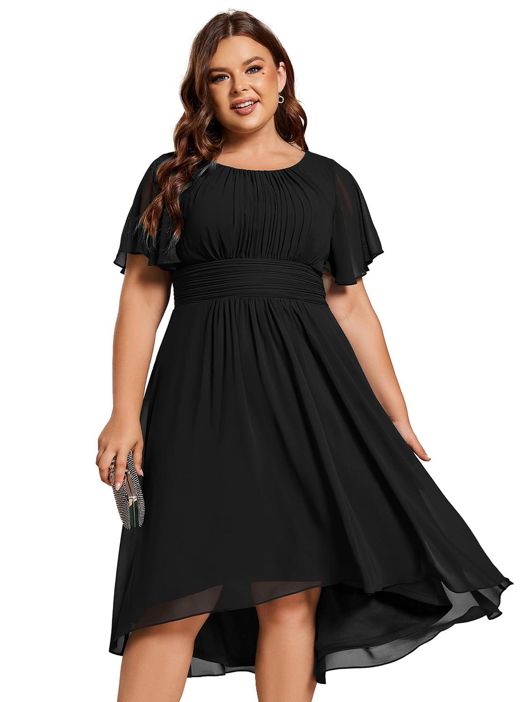 Ever-PrettyWomen's A Line Curvy Crew Neck Short Sleeves Pleated Plus Size High Low Wedding Guest Dresses 02053-DA