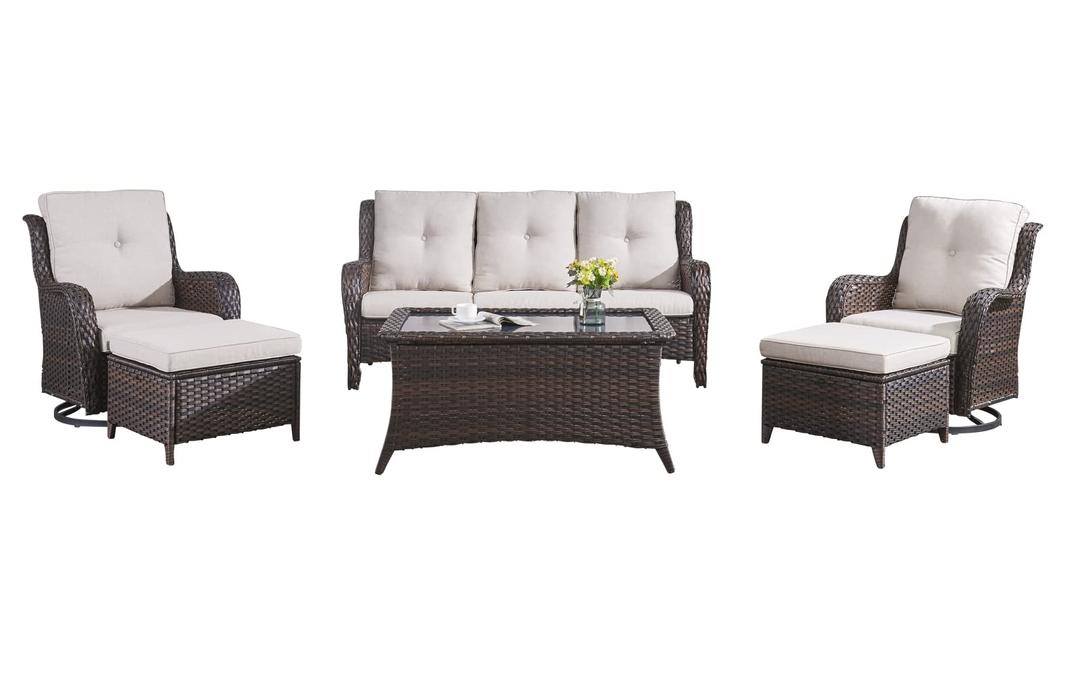 HUMMUH Patio Furniture 6 Pieces Outdoor Furniture Set Wicker Outdoor Sectional Sofa with Swivel Rocking Chairs,Patio Ottomans,Outdoor Coffee Table