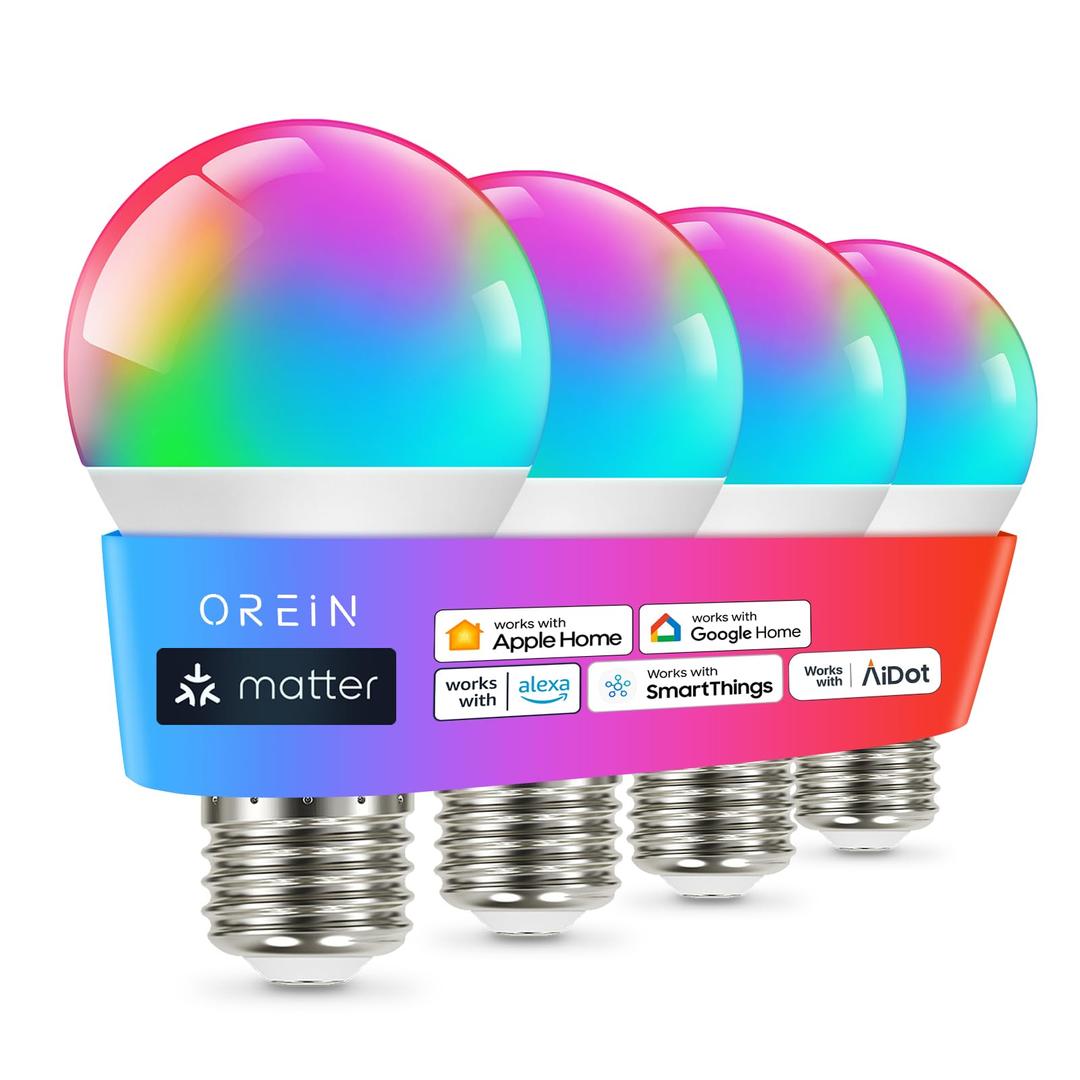 OREiN Matter Smart Light Bulb, Smart Light Bulbs Work with Apple Home, Alexa, Google Home, SmartThings, A19 Color Changing Light Bulbs 2.4Ghz WiFi, 800 Lumens Equivalent 60W 4Pack