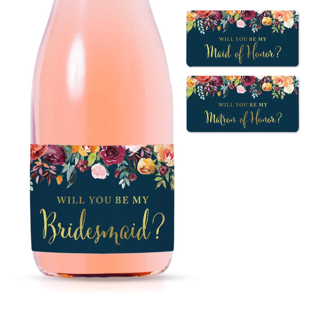 Andaz Press Bridesmaid Proposal Mini Wine Labels for Bottles, Will You Be My Bridesmaid? Fall Autumn Navy Floral Roses 20 Pack Custom Mini Champagne Bottles Bulk Waterproof Mini Wine Bottle Labels