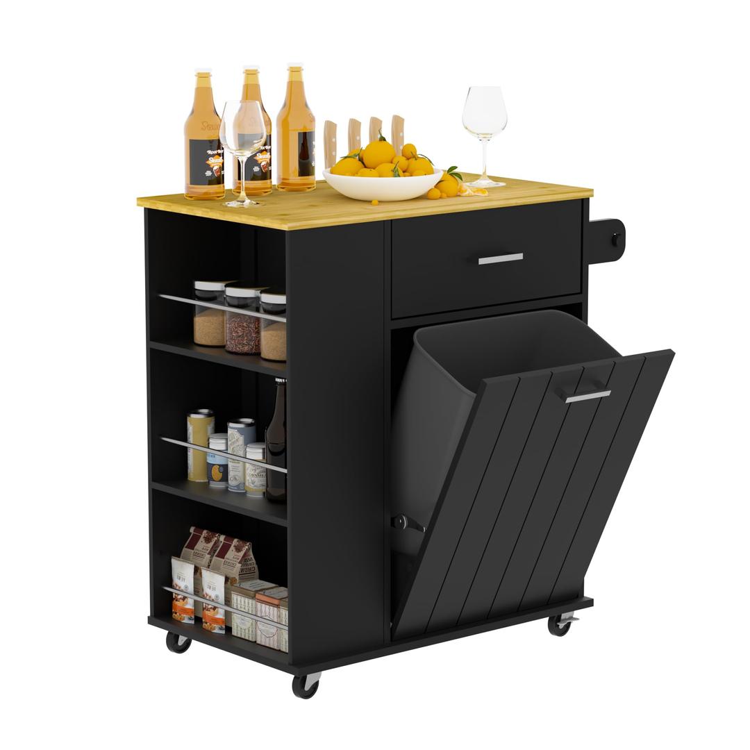 Rolling Kitchen Island with Trash Can Storage, Portable Kitchen Island on Wheels with Towel Rack & Spice Rack, Tilt Out Trash Can Cabinet with Drawer, Mobile Kitchen Island Cart for Kitchen Black