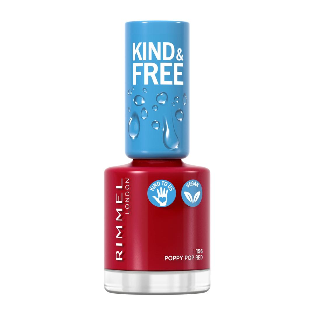 RimmelKIND & FREE Clean Nail Polish - Breathable Top Coat - Plant-based Formula - Kind To Animals & Vegan - 8 ml - 25oz, shade 156 Poppy Pop Red