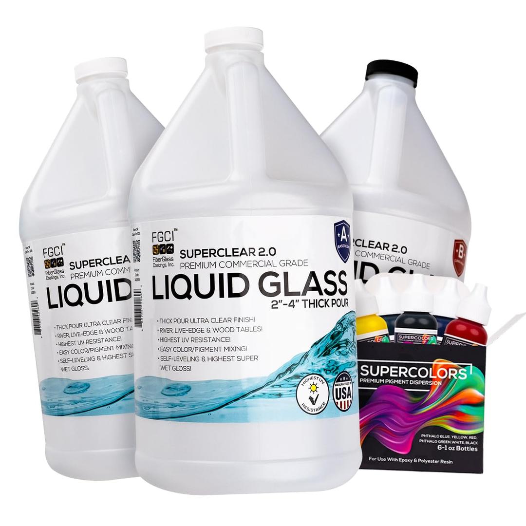 Deep Pour Epoxy Resin Liquid Glass 3 Gallon Kit, 2-4 inch Super Clear Flow Casting Resin Kit, High Temp Heat UV Resistant Epoxy, Bubble Free Food Grade Safe Low Viscosity Cast + Resin Pigment Pack