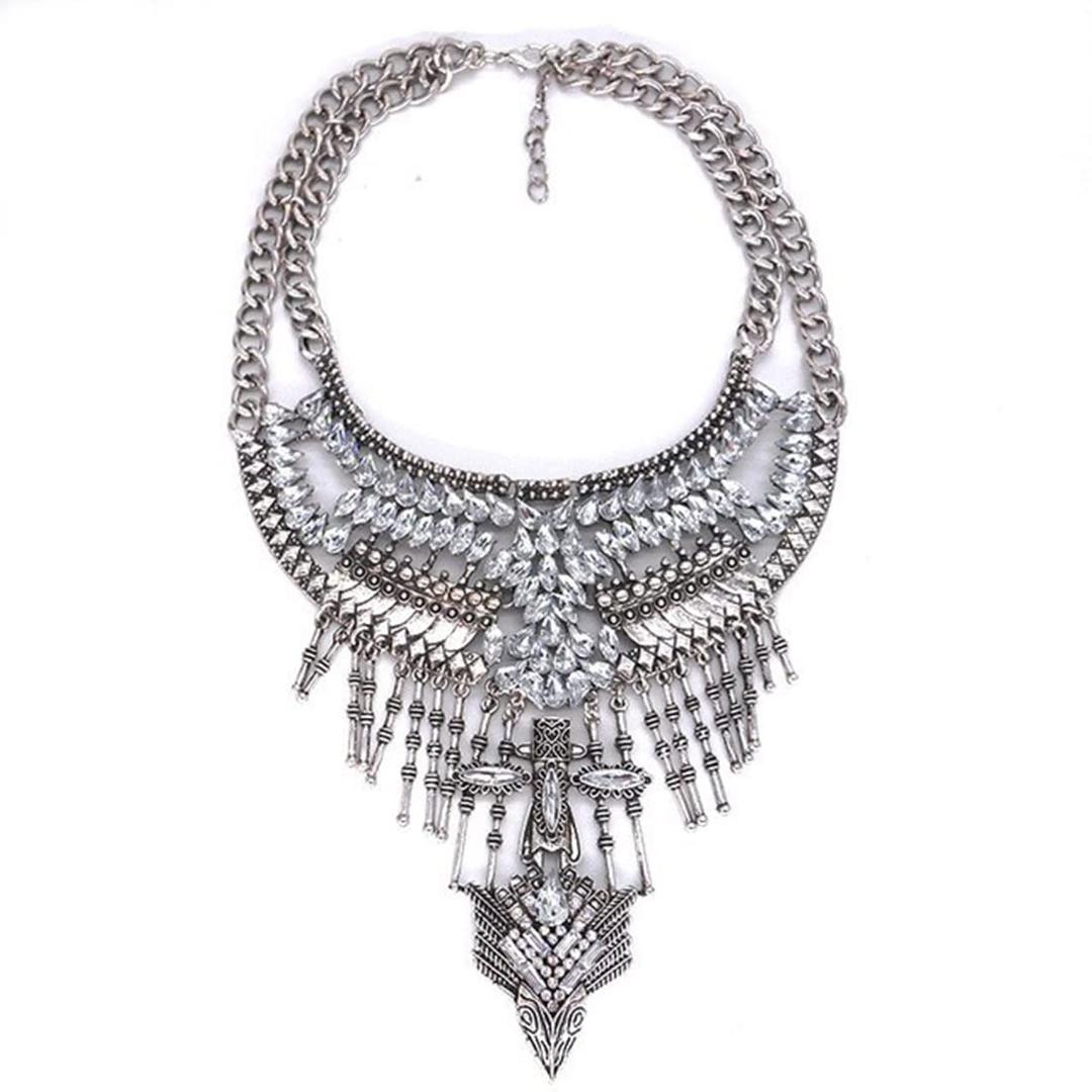 Long Tassel Chunky Boho Coin Statement Necklace For Women Silver