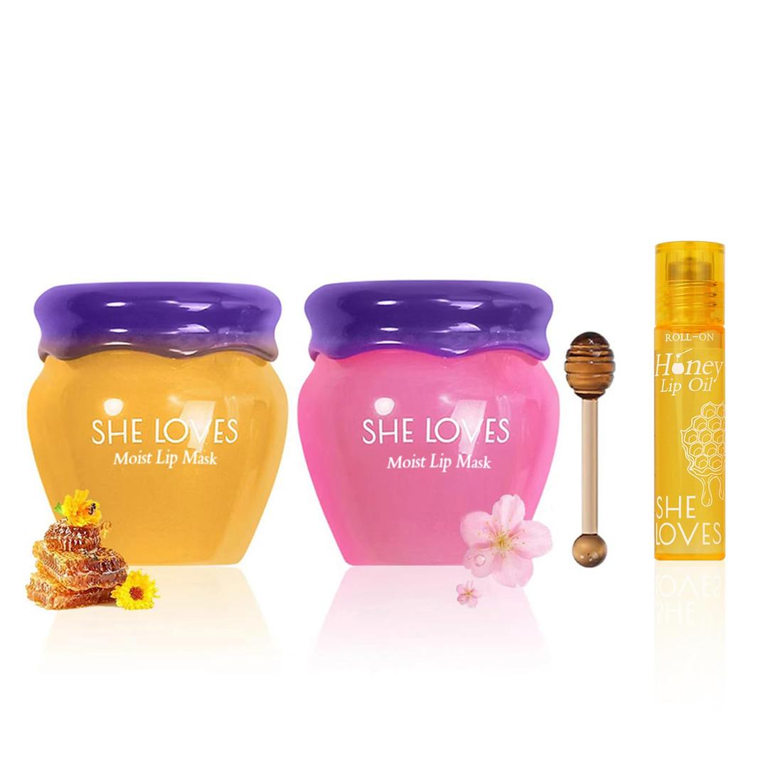 2PCS Lip Mask Overnight, Honey&Sakura Day and Night Repair Sleeping Lip Balm, Fade Lip Lines Bee Balm, Hydrating &Prevention Dry and Crack Lip Scrubs Exfoliator