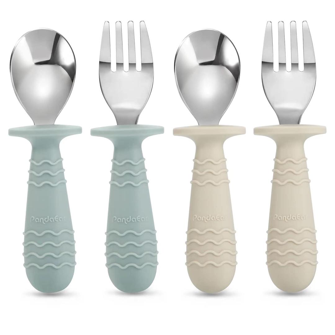 PandaEar4 Set Baby Toddler Silicone Stainless Steel Utensils Silverware Spoon Fork for Baby Toddler BPA Free with Silicone Holding Anti-Choke Design