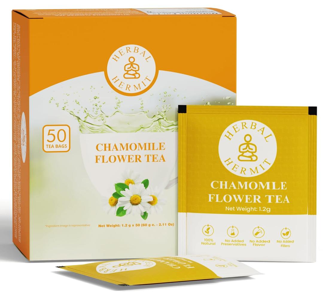 Premium Chamomile Tea Bags (50 Count) - Caffeine-Free Instant Tea with Organic Chamomile Flowers for Stress Relief - Strong Infusion, Individually Wrapped for Freshness - Brew Hot or Iced