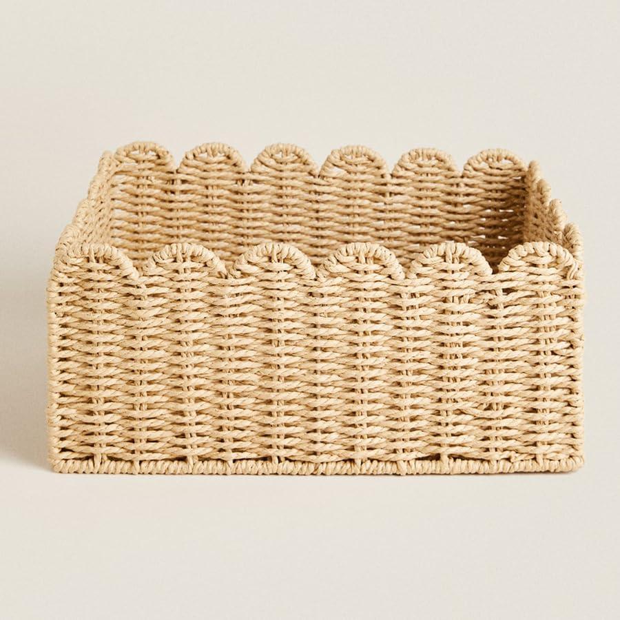 Scalloped Edge Basket, Wicker Storage Baskets, Hand Woven Baskets for Shelves,Natural Baskets for Organizing (M-14" L x 10.5" W x 6" H)