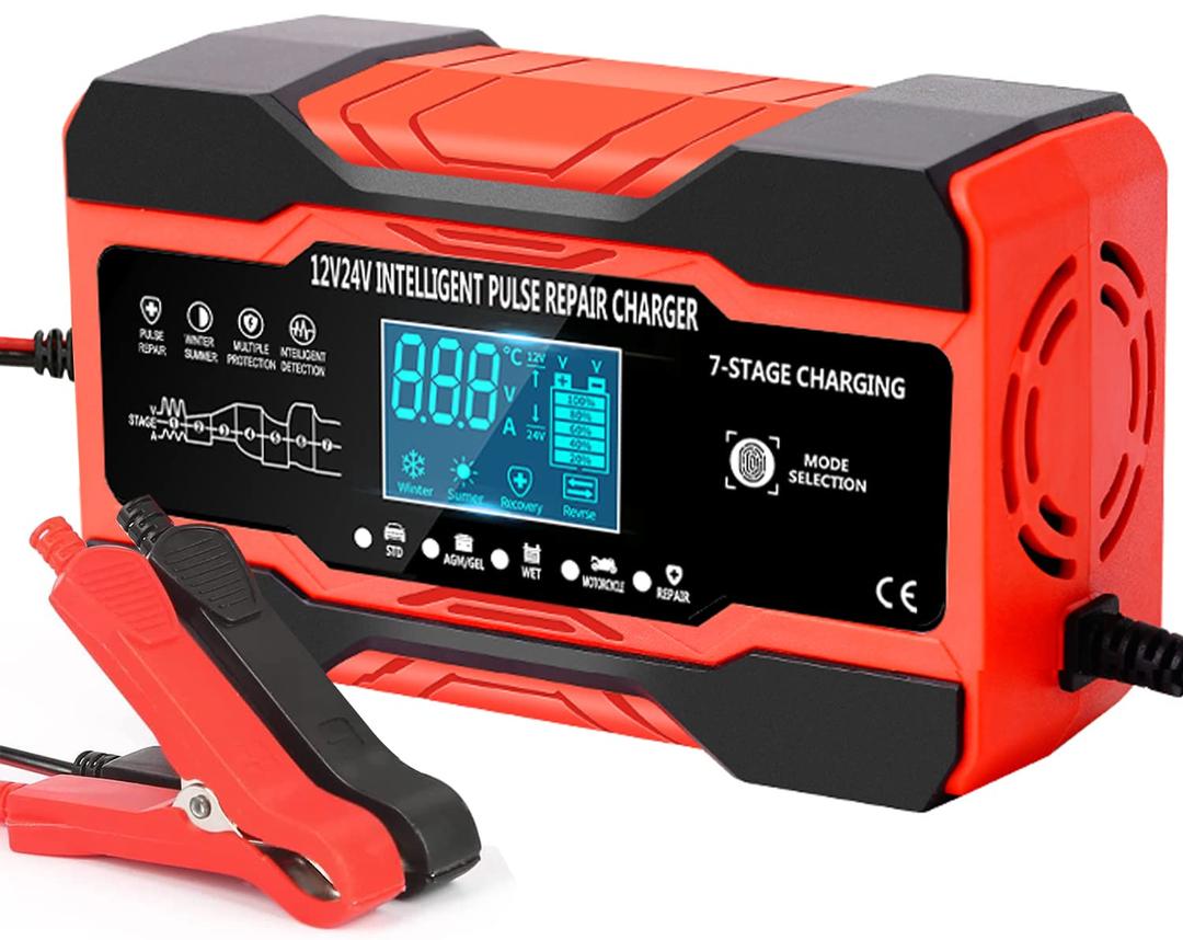 DSGKUU 10Amp Car Battery Charger, 12V/24V Automatic Battery Charger with 7-Stage Charging and LCD Screen, Intelligent Charges, Repair, Maintains for AGM, WET & GEL Lead Acid Batteries