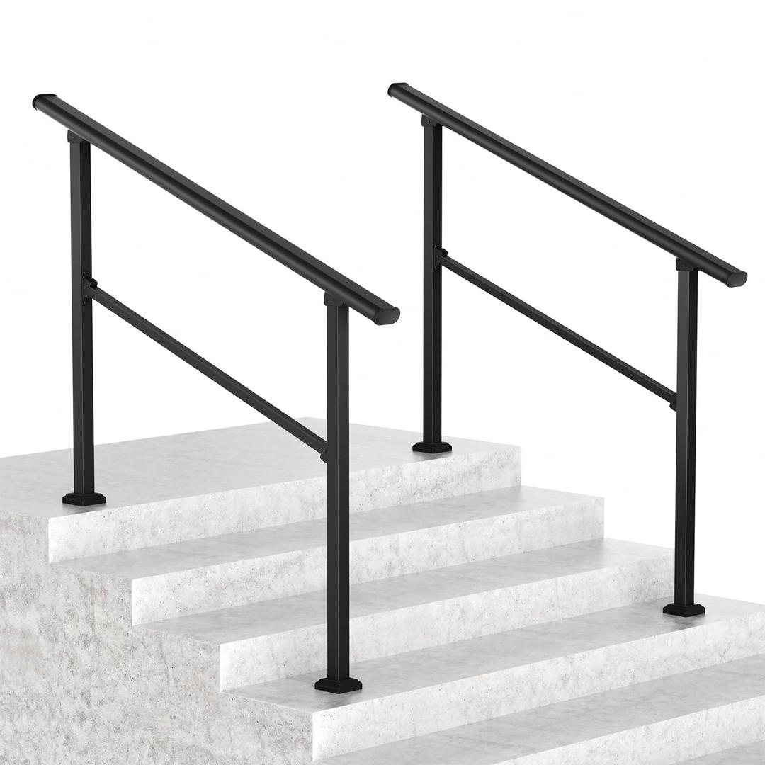 LOVMOR 2 Pack 4 Step Hand Rails for Outdoor Steps, Wrought Iron Railing, Exterior Hand Railing for Steps, Porch Railing Kit (3-4 Steps Handrail)