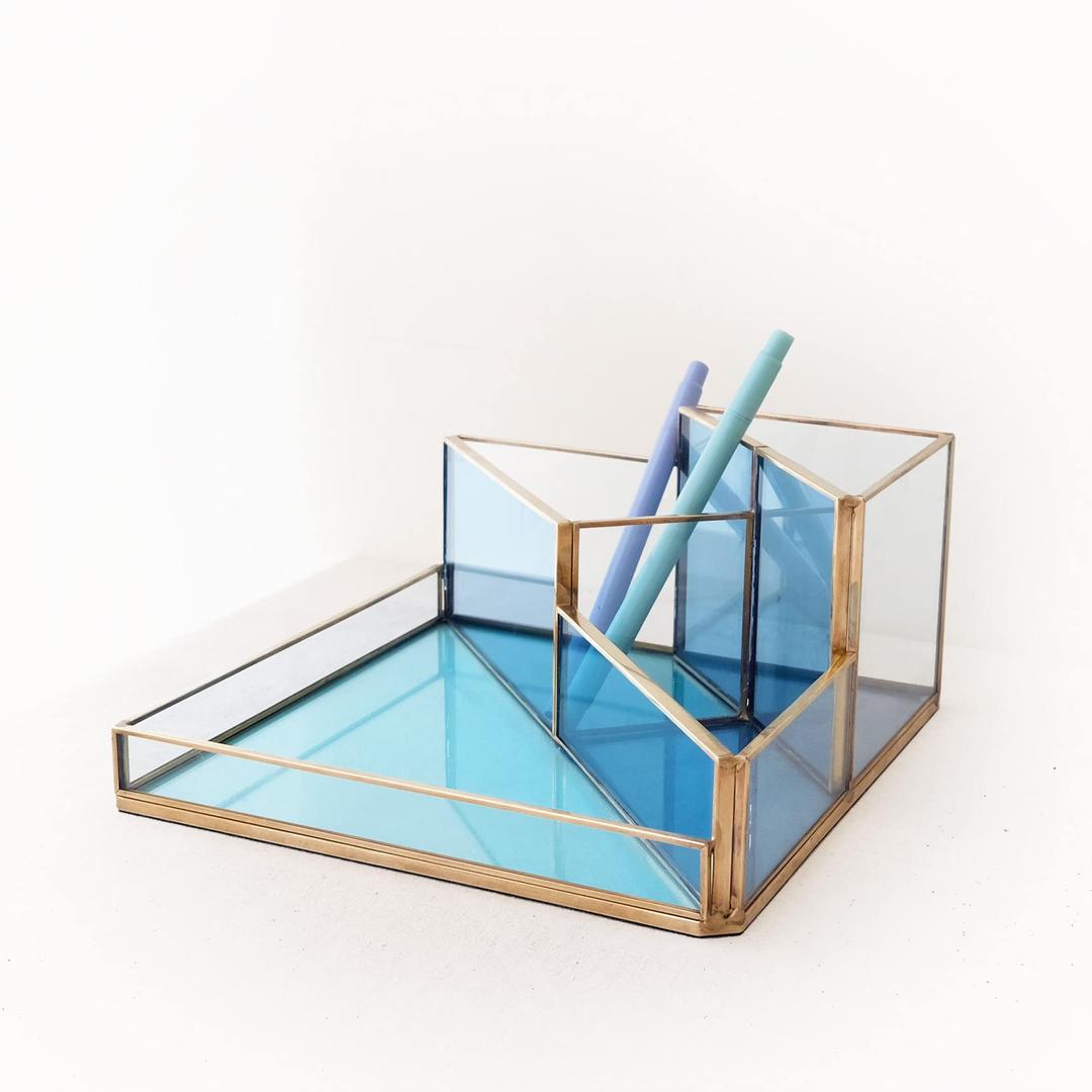 FONDAZZA 4-Compartment Decorative Desk Organizer for Home Office Supplies, Gold Brass with Blue Tinted Glass, Blue Fabric underneath, Storage for Stationery, Cosmetic and Brush